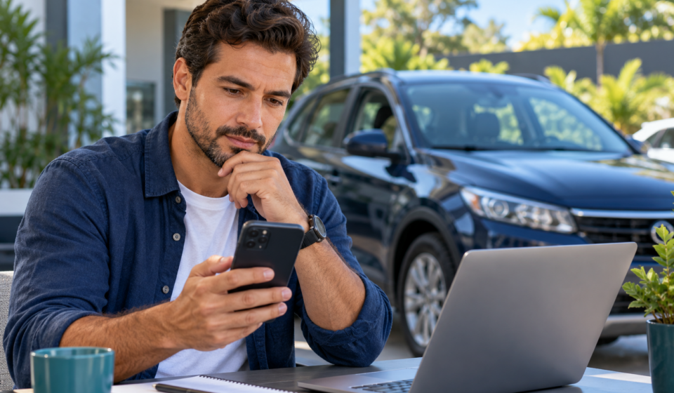 Comprador analisa anúncio de carro usado no celular, com notebook e veículo ao fundo