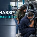 Profissional inspeciona veículo com compradora; capa sobre carro com chassi remarcado