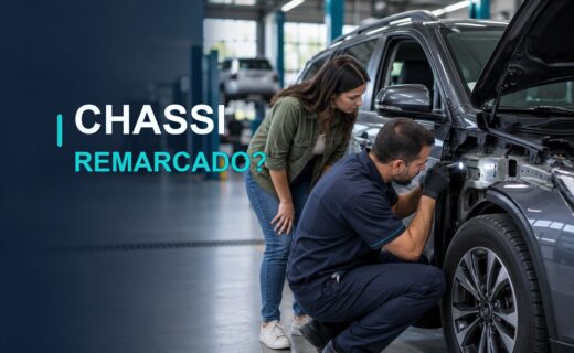Profissional inspeciona veículo com compradora; capa sobre carro com chassi remarcado