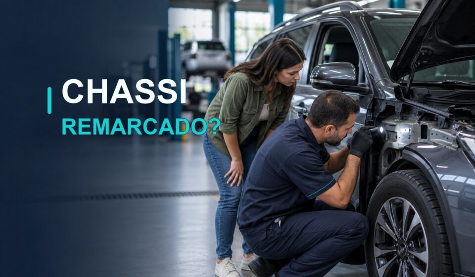Profissional inspeciona veículo com compradora; capa sobre carro com chassi remarcado
