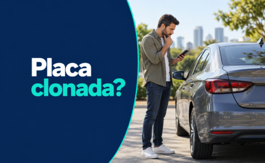Comprador observa carro usado enquanto confere informações no celular, sem placa visível