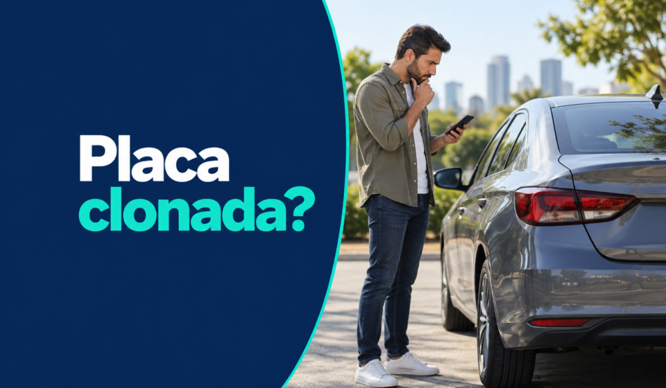 Comprador observa carro usado enquanto confere informações no celular, sem placa visível
