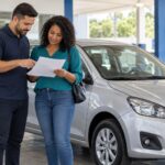 Compradores conferem documento de venda ao lado de carro usado antes do pagamento