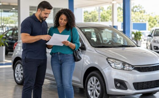 Compradores conferem documento de venda ao lado de carro usado antes do pagamento