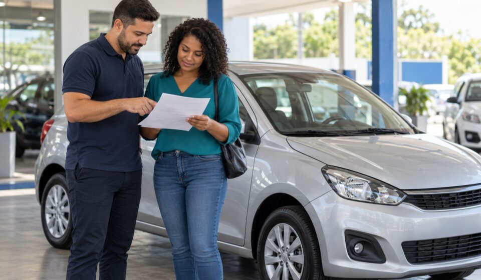 Compradores conferem documento de venda ao lado de carro usado antes do pagamento