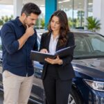 Comprador e representante de empresa conferem documentos de carro usado antes da compra