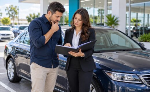 Comprador e representante de empresa conferem documentos de carro usado antes da compra