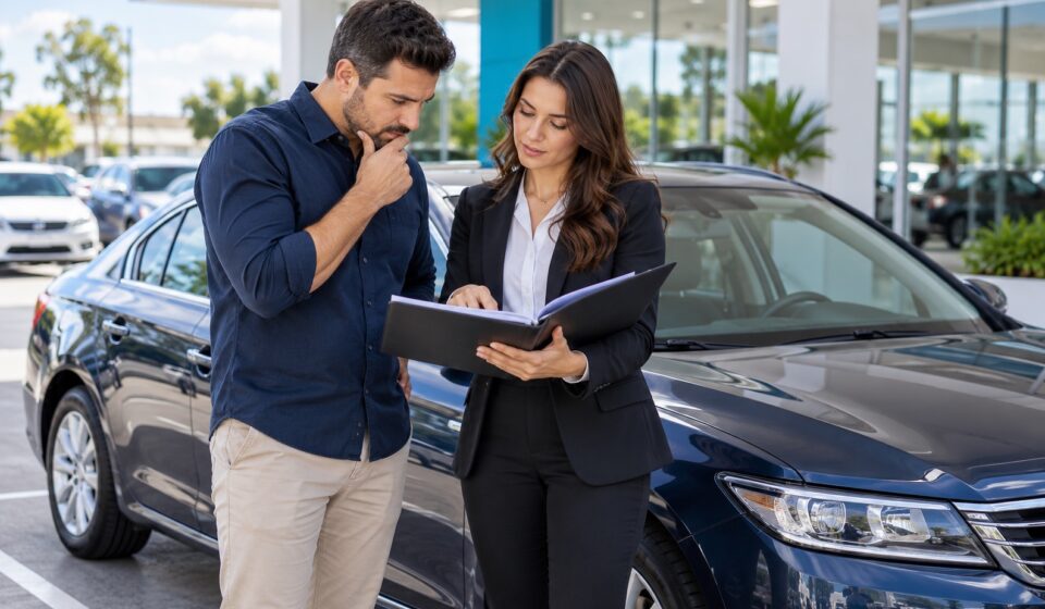 Comprador e representante de empresa conferem documentos de carro usado antes da compra