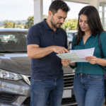 Compradores conferem documentos de carro usado ao lado do veículo antes de transferi-lo para outro estado