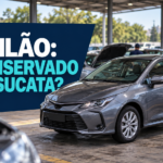 Carro em pátio de leilão, com título sobre a diferença entre conservado e sucata
