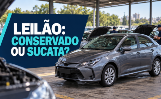 Carro em pátio de leilão, com título sobre a diferença entre conservado e sucata