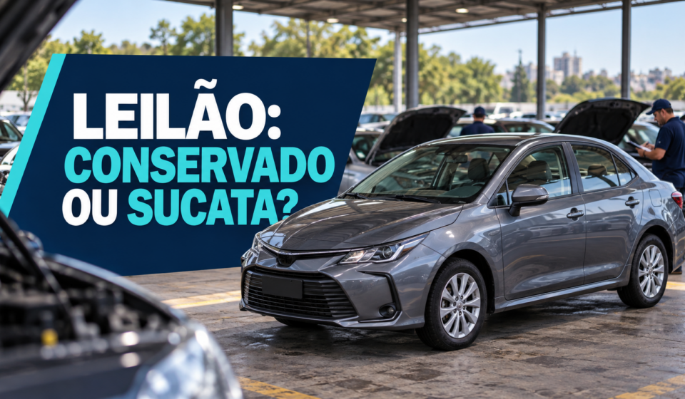 Carro em pátio de leilão, com título sobre a diferença entre conservado e sucata