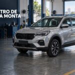 SUV usado em oficina de inspeção com técnico examinando o veículo; capa sobre sinistro de média monta