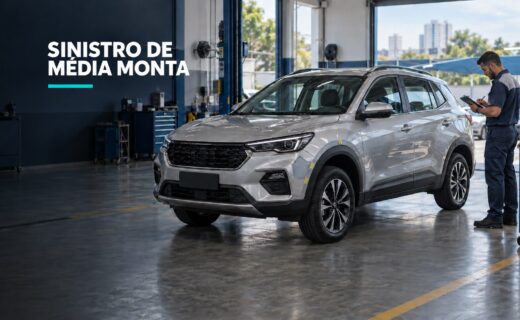 SUV usado em oficina de inspeção com técnico examinando o veículo; capa sobre sinistro de média monta
