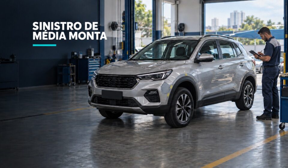 SUV usado em oficina de inspeção com técnico examinando o veículo; capa sobre sinistro de média monta