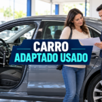 Carro usado com adaptação de direção; compradores conferem a documentação ao lado do veículo
