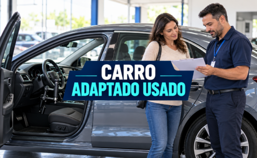 Carro usado com adaptação de direção; compradores conferem a documentação ao lado do veículo