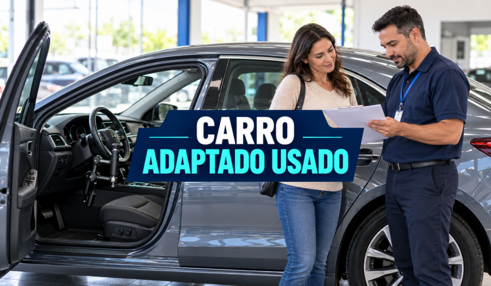 Carro usado com adaptação de direção; compradores conferem a documentação ao lado do veículo