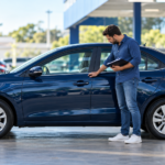 Comprador inspeciona lateral de sedã azul usado antes da compra