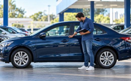 Comprador inspeciona lateral de sedã azul usado antes da compra