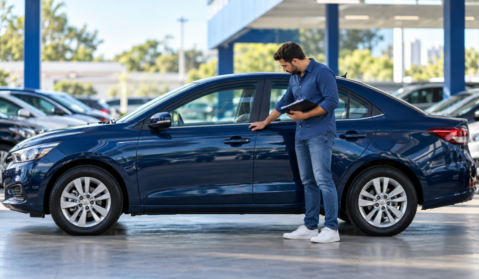 Comprador inspeciona lateral de sedã azul usado antes da compra