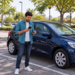 Pessoa com smartphone e chave ao lado de carro estacionado