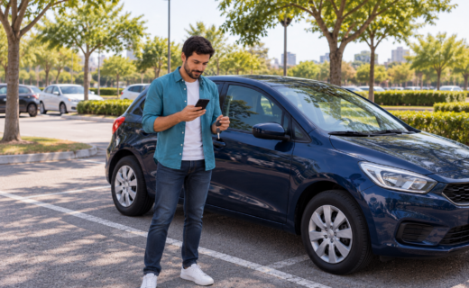 Pessoa com smartphone e chave ao lado de carro estacionado
