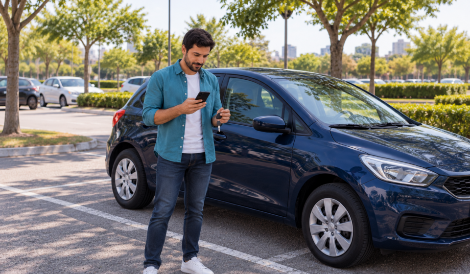 Pessoa com smartphone e chave ao lado de carro estacionado