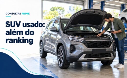 SUV usado genérico com capô aberto em inspeção, ao lado da chamada SUV usado: além do ranking