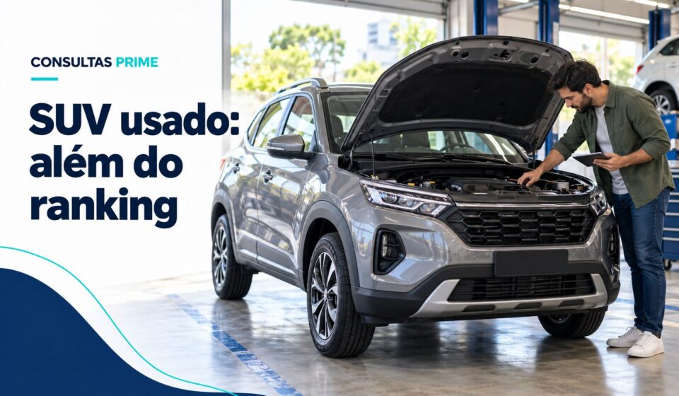 SUV usado genérico com capô aberto em inspeção, ao lado da chamada SUV usado: além do ranking
